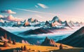 Magestic Snowy Mountains Fantasy Magical Illustration for children book. Generative AI