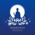 Magha puja day banner with white The Buddha in circle on lotus sign and circle light on blue background vector design