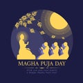 Magha puja day - circle banner with The Lord Buddha giving and Preach monks in full moon night vector design