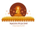 Magha puja day - The Lord Buddha giving and Preach 1250 monks in full moon night with lotus flower around vector design