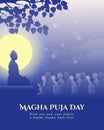 Magha puja day - The Lord Buddha giving and Preach 1250 monks in full moon night with purple blue tone vector design