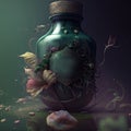 Magic abstract bottle entwined with flowers and roots standing on table, dark background. Spooky, mystique concept