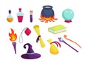 Magic accessories, wizard tools. Flasks with solutions, cauldron with potion. Royalty Free Stock Photo