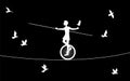 Magic acrobat, boy silhouette on uniwheel on the rope with flying pigeons, circus on the heavens,