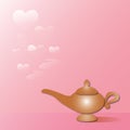 Magic Aladdin\'s Genie lamp with on pink background. Greeting card for Valentine or Wedding. Royalty Free Stock Photo