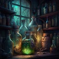 Magic alchemical laboratory, witch potions, with different color liquid standing against the window. AI generative