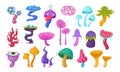 Magic alien psychedelic mushrooms, hallucinogenic forest plants. Cartoon hallucinogenic fairytale forest alien mushrooms with