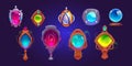 Magic amulets, mirrors and glass sphere. Vector cartoon icons set, gui elements for game about witchcraft or wizard