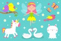 Magic animal set. Fairy little princess with wings. Flower dress. Unicorn, swan, bird, butterfly, rabbit bunny. Cute cartoon Royalty Free Stock Photo