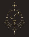 Magic astrology poster with scorpio constellation, tarot card. Golden design on a black background. Vertical illustration Royalty Free Stock Photo