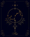 Magic astrology poster with scorpio constellation, tarot card. Golden design on a black background. Vertical illustration Royalty Free Stock Photo