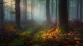 Magic autumn forest. Nature scenery with fog, mushrooms, mossy and green grass. sun casting beautiful rays through the