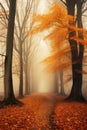 Magic autumn forest with walking path, beautiful autumn landscape