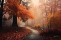 Magic autumn forest with walking path, beautiful autumn landscape