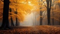 Magic autumn forest with walking path, beautiful autumn landscape