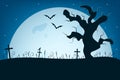 Halloween landscape with grave, bat, bird, tree and moon. Magic autumn holiday elements. Vector illustration design Royalty Free Stock Photo