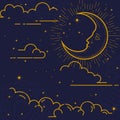 Magic background with constellations, crescent, clouds and stars, mystical esoteric design of packaging, astrology moon Royalty Free Stock Photo