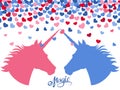 Magic background with falling hearts and two unicorns in love