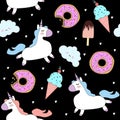 Vector pattern with cute unicorns, clouds, donuts and ice cream. Royalty Free Stock Photo