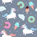 Vector pattern with cute unicorns, clouds, donuts and ice cream. Royalty Free Stock Photo