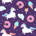 Vector pattern with cute unicorns, clouds, donuts and ice cream. Royalty Free Stock Photo