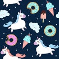 Vector pattern with cute unicorns, clouds, donuts and ice cream. Royalty Free Stock Photo