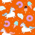 Vector pattern with cute unicorns, clouds, donuts and ice cream. Royalty Free Stock Photo