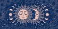 Magic background for tarot, astrology, magic. The device of the universe, crescent moon and sun with a face on a blue background. Royalty Free Stock Photo