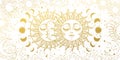 Magic background for tarot, astrology, magic. The device of the universe, the golden crescent and the sun with a face on