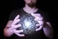 Magic ball in bearded wizard hand Royalty Free Stock Photo