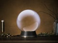 Magic ball fortune teller on table and next to yellow walls, 3d rendering. Royalty Free Stock Photo