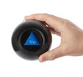 Magic ball with prediction No in hand Royalty Free Stock Photo