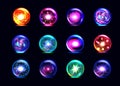 Magic balls. Colorful orb, fantasy crystal sphere, magician energy flame in glass round globe. Glowing energy spheres