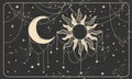 Magic banner for astrology on a cosmic background, fortune telling, magic. Divine universe, crescent moon and sun on a black