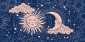 Magic banner for astrology, divination, magic. The device of the universe, crescent moon and sun with moon on a blue