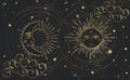 Magic banner for astrology, golden line on black background magic zodiac, tarot. crescent moon and sun and clouds. Royalty Free Stock Photo