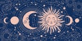 Magic banner for astrology, tarot, boho design. Universe art, crescent moon and sun on a blue background. Esoteric Royalty Free Stock Photo