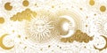 Magic banner for astrology, tarot, boho design. The universe, golden crescent, sun, and clouds on a white background. Esoteric