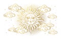 Magic banner for astrology, tarot, boho design. Universe, golden sun with face and clouds on white isolated background