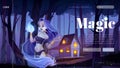 Magic banner with mystic girl in night forest