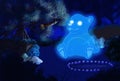 Magic bear ghost in the forest at night. Cute hand drawn cartoon style illustration in dense woods. Spirit of beast