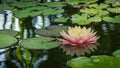 Magic big bright pink water lily or lotus flower Perry`s Orange Sunset in pond. Nymphaea with water drops, reflected in water. Royalty Free Stock Photo