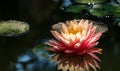 Magic big bright pink water lily or lotus flower Perry`s Orange Sunset in pond. Nymphaea with water drops, reflected in water. Royalty Free Stock Photo