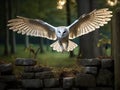 Magic bird barn Tito flying above stone fence in forest Wildlife scene Animal behaviour in wood