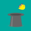 Magic black hat with yellow flying bird. Flat design style.