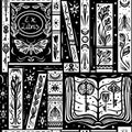 Magic Black and white library with books, moths, keys and plants. Hand drawn seamless pattern in linocut style