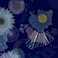 Magic bloom flowers blossom on navy background. Modern contrast abstract design for paper, cover, fabric, interior decor