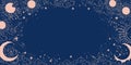 Magic blue background with moon and sun, crescent moon, place for text. Astrological banner with stars, cosmic pattern