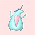 The magic blue cute funny fat unicorn with heart dancing. Alikorn. Pegasus. Children s character. Fashion Sticker