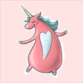 The magic pink female cute funny fat unicorn with heart dancing . Alikorn. Pegasus. Children s character.